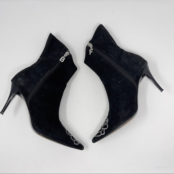 Beverly Feldman Black Suede Rhinestone Studded Pointed Toe Stiletto Heel Boot 8 - Picture 6 of 12